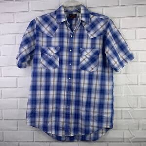 vintage 90s Plains Westernwear pearl snap shirt short sleeves blue plaid medium